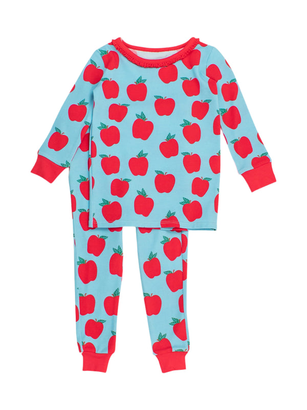 Ruffle Long Sleeve Pajama Set- Blue Apple Of My Eye