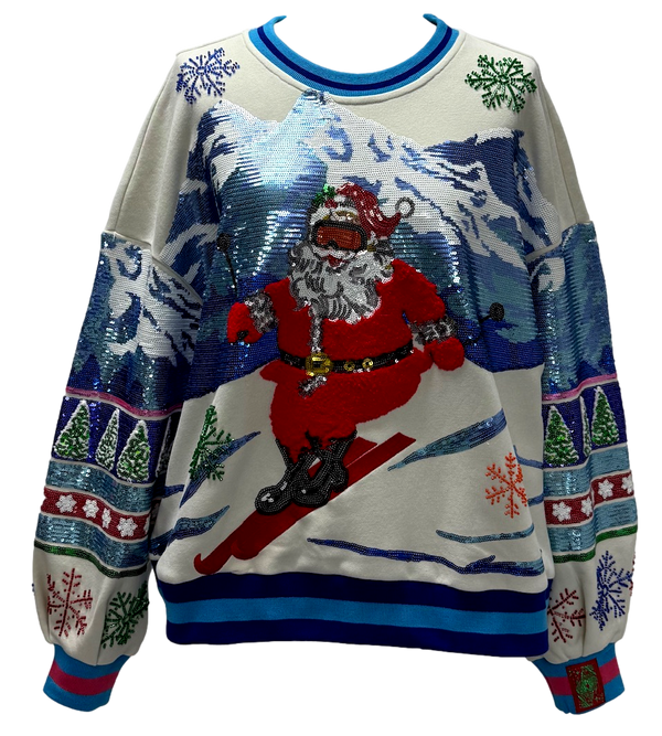 White & Blue Vintage Skiing Santa Sweatshirt- (Women's)