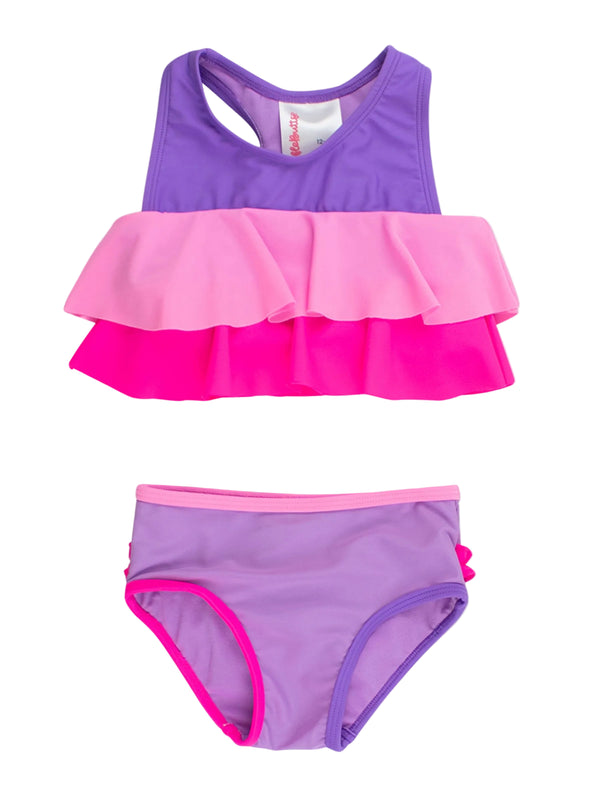 Flounce Bikini 2-Piece Swimsuit- Neon Purple Color Block