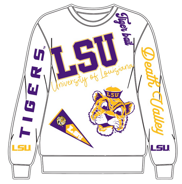 Licensed LSU Big Icons Scattered All Over Sweatshirt- (Women's)