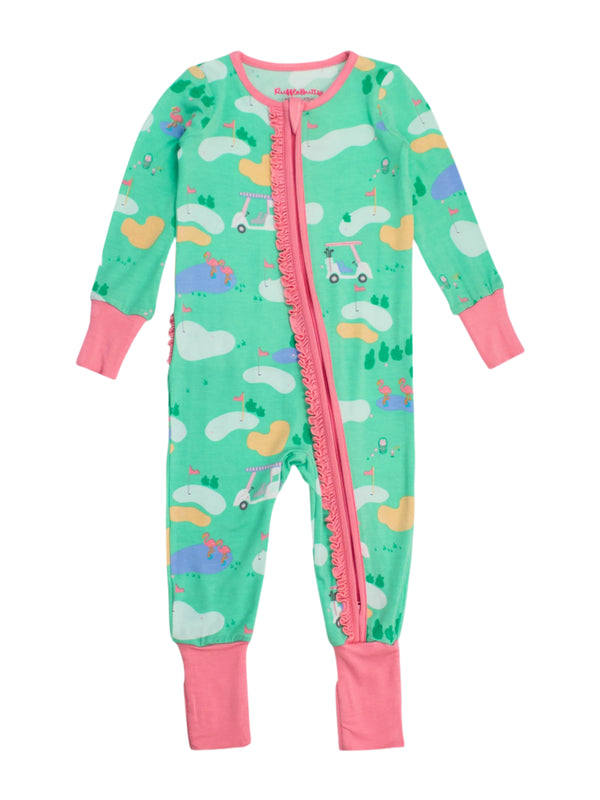 Convertible Ruffle One Piece Pajama- Fairway Flamingo