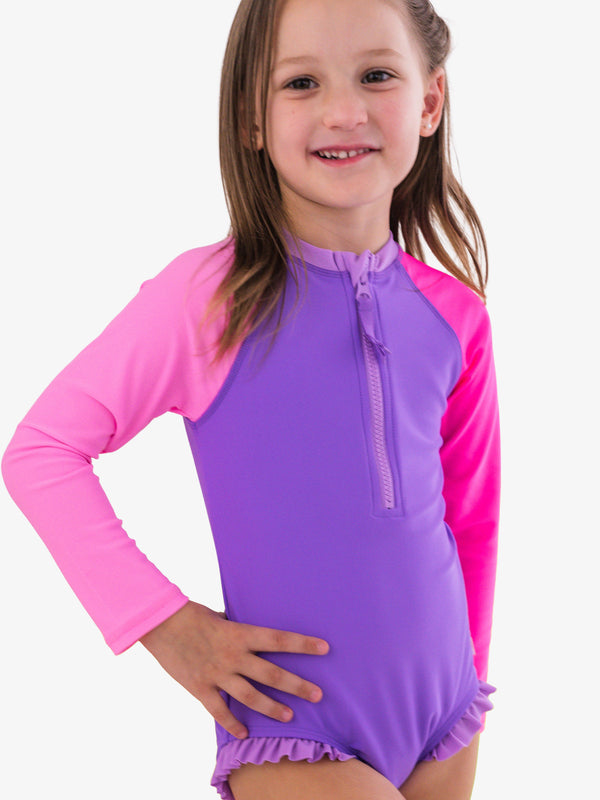 Zipper One Piece Rash Guard Swimsuit- Neon Purple Color Block