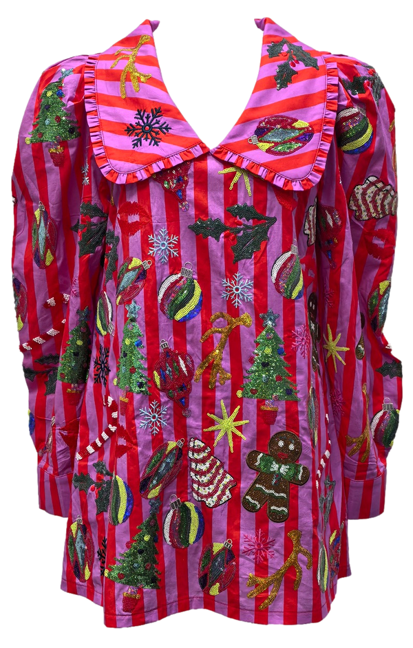 Pink & Red Stripe Christmas Icon Collar Dress- (Women's)