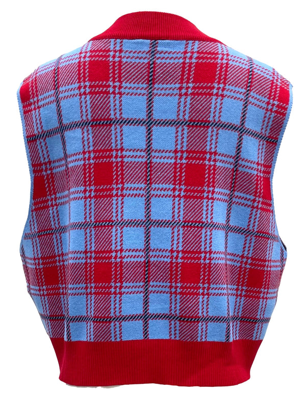 Powder Red Plaid Ole Miss M Sweater Vest- (Women's)