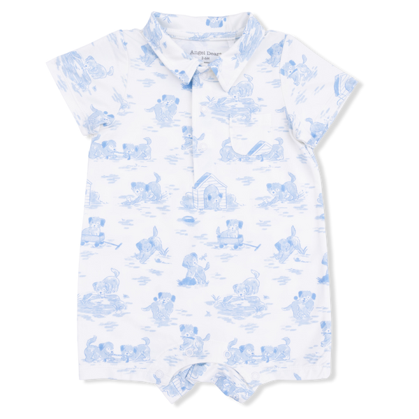Puppy Toile Blue Polo Romper