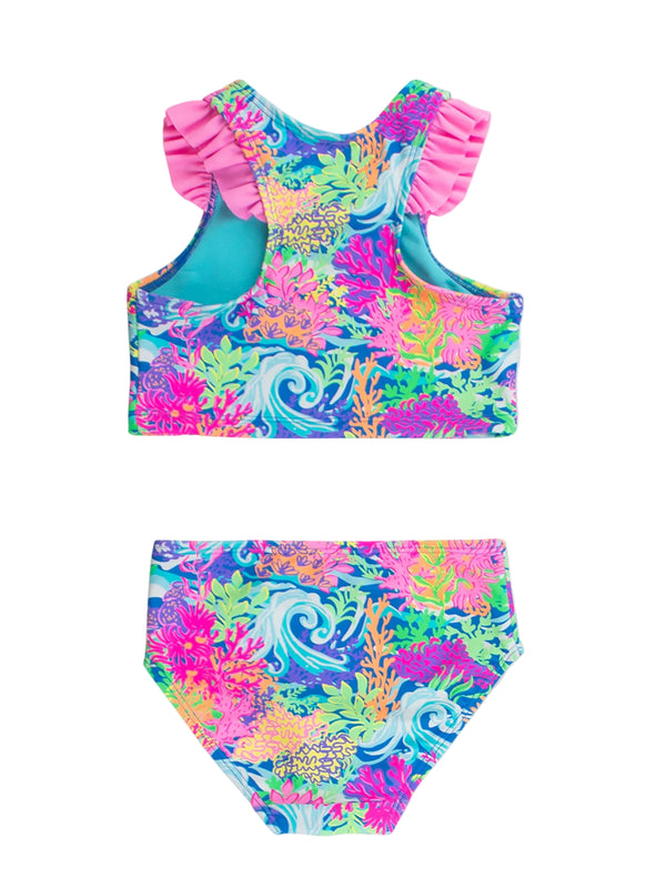 Racerback Flutter Tankini 2-Piece Swimsuit- Neon Ocean Coral