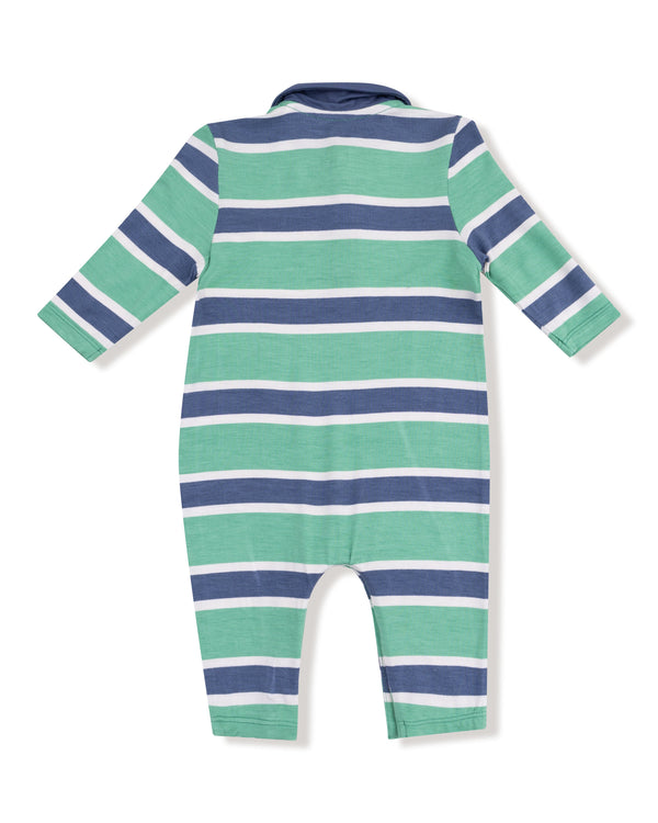 Rugby Stripe Polo Romper- Green/Navy