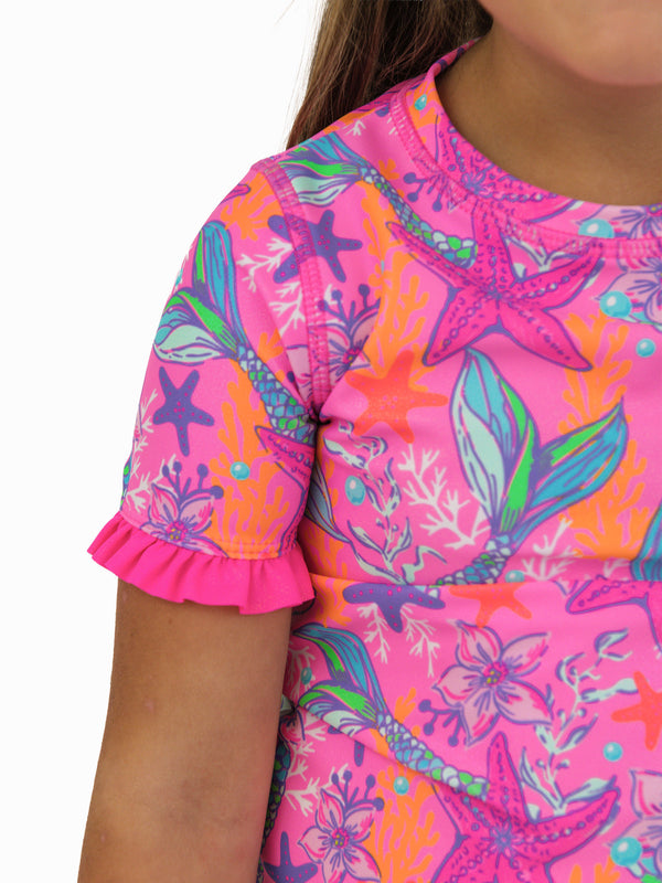 Ruffle Rash Guard Skirted 2-Piece Swimsuit- Neon Shimmer Mermaid