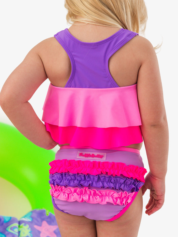 Flounce Bikini 2-Piece Swimsuit- Neon Purple Color Block