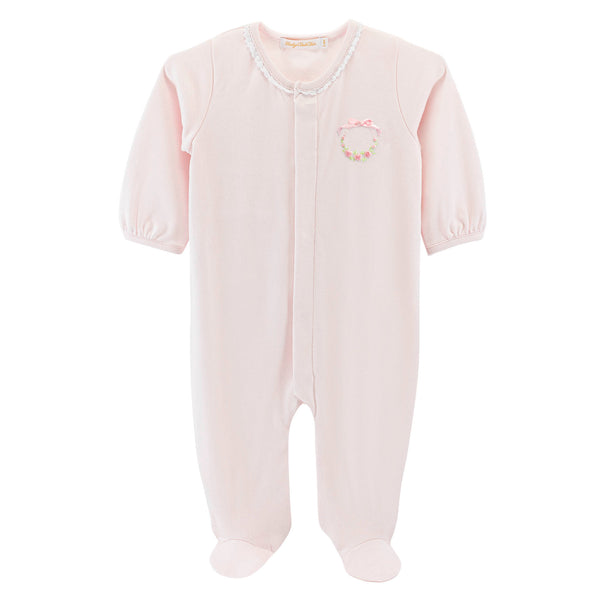 Bows And Roses Embroidered Footie- Pink