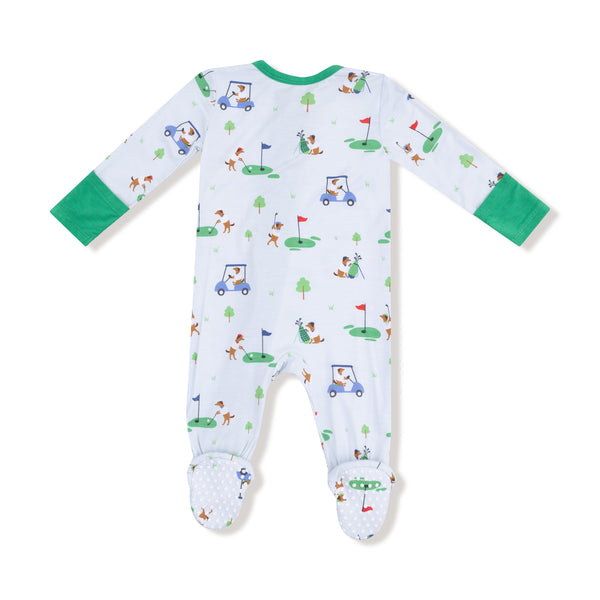 Dog Gone Golf 2 Way Zipper Footie- Light Blue/Green