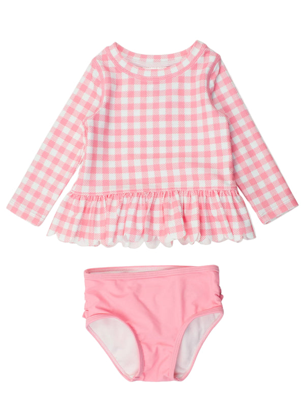 Scallop Hem Rash Guard 2-Piece- Bubblegum Pink Gingham