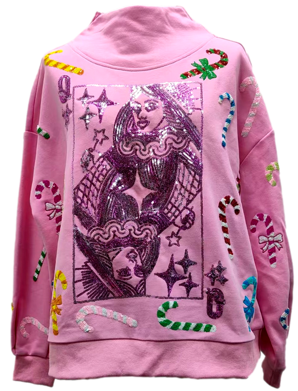 Pink Multi Candy Cane QOS Card Logo Mock Neck Sweatshirt- (Women's)
