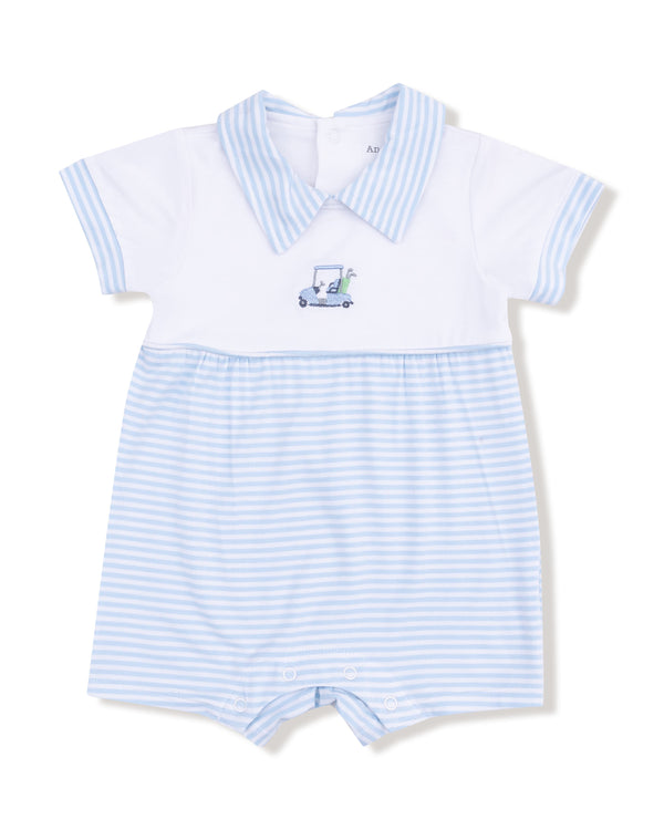 Baby Golf Carts Polo Romper- Blue/White Stripe