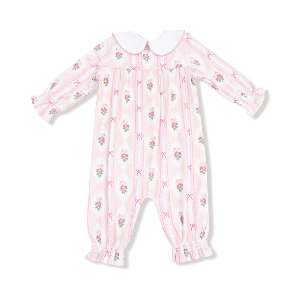 Ogee Lace Floral Smocked L/S Romper- Light Pink
