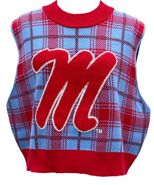 Powder Red Plaid Ole Miss M Sweater Vest- (Women's)