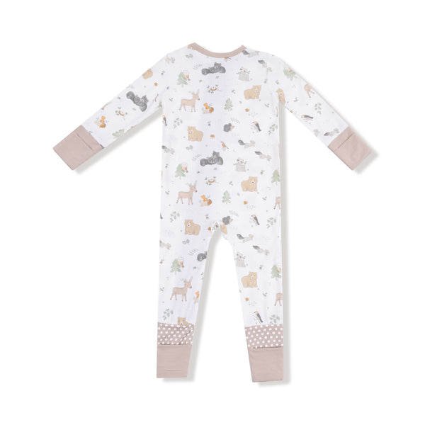 Woodland Babies 2 Way Zipper Romper- White/Gray