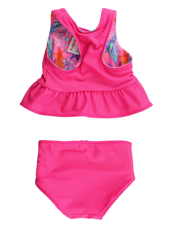Reversible Peplum Tankini 2-Piece Swimsuit- Neon Shimmer Mermaid