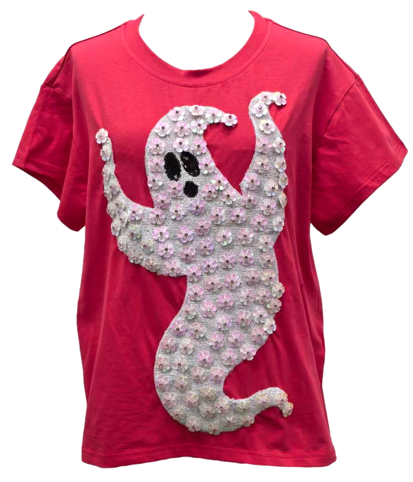Red & White Sequin Flower Ghost Tee- (Women's)