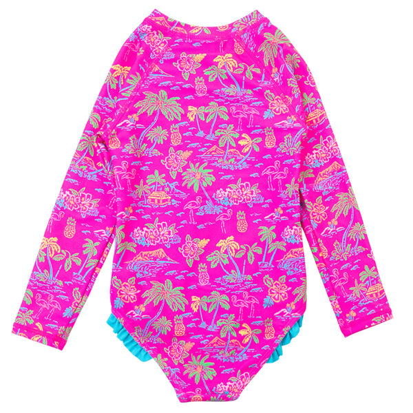 Zipper One Piece Rash Guard Swimsuit- Neon Island Time