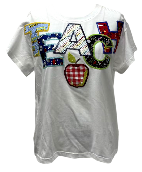 White Multi Fabric 'Teach' Apple Tee- (Women's)