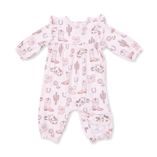 Cowgirl Boots And Bows Ruffle Sleeve Snap Romper