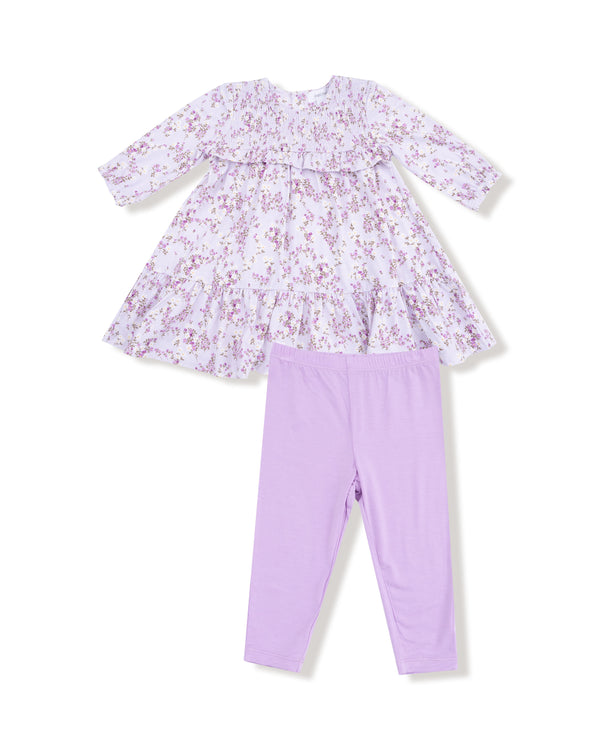 Sweet Dream Florals Smocked Ruffle L/S Tiered Dress W/ Leggings