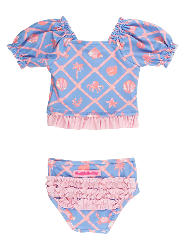 Puff Sleeve Ruffle Tankini 2-Piece Swimsuit- Tropical Trellis