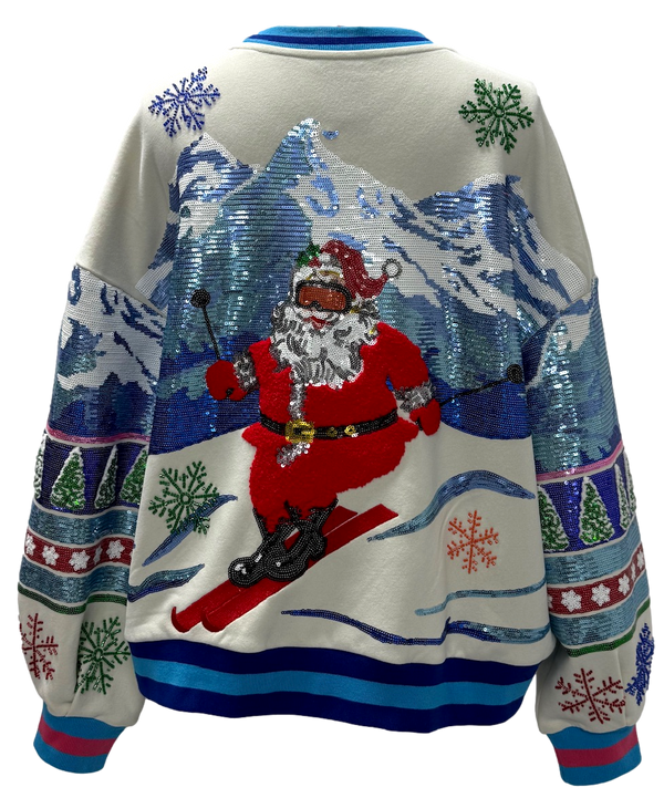 White & Blue Vintage Skiing Santa Sweatshirt- (Women's)