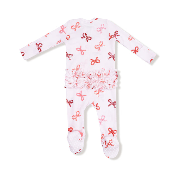 Candy Cane Bows 2 Way Zipper Ruffle Footie