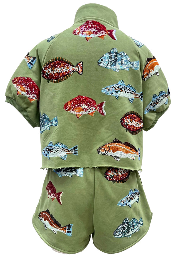 Green Multi Fish Henley Short- (Women's)