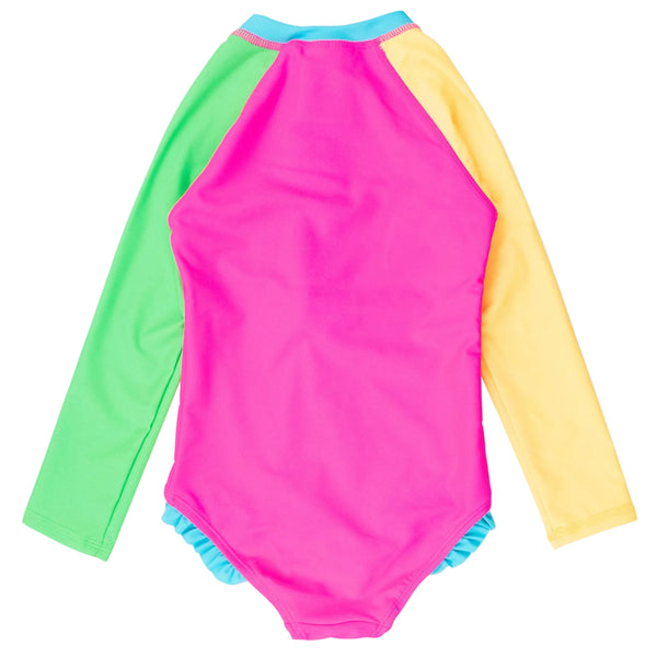 Zipper One Piece Rash Guard Swimsuit- Neon Color Block