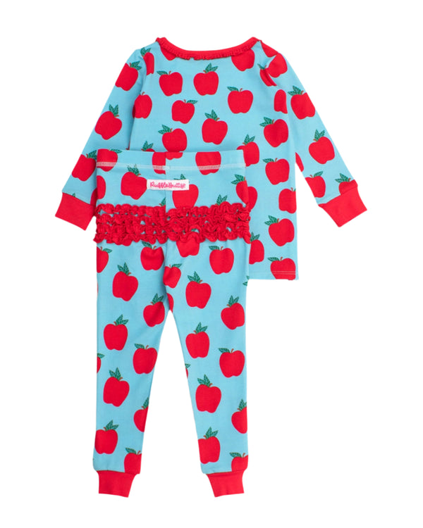 Ruffle Long Sleeve Pajama Set- Blue Apple Of My Eye
