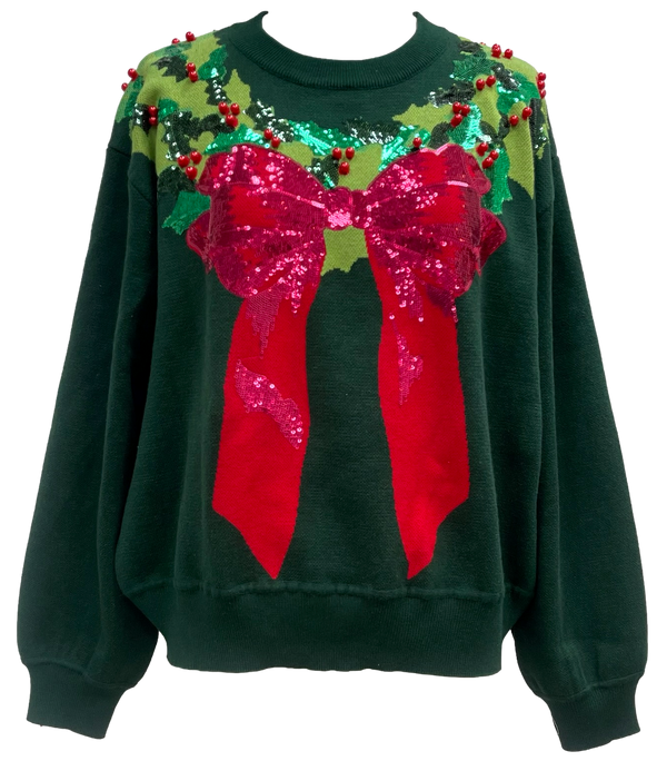 Dark Green & Red Wreath Around Neck Sweater- (Women's)