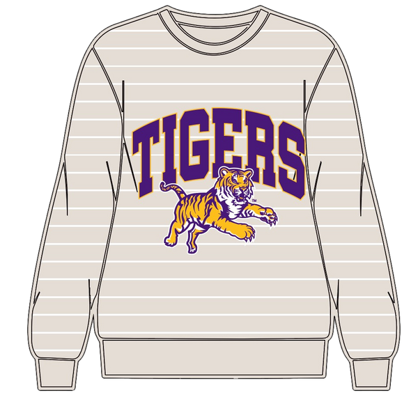 Licensed LSU Beige Stripe Vintage Team Sweater- (Women's)