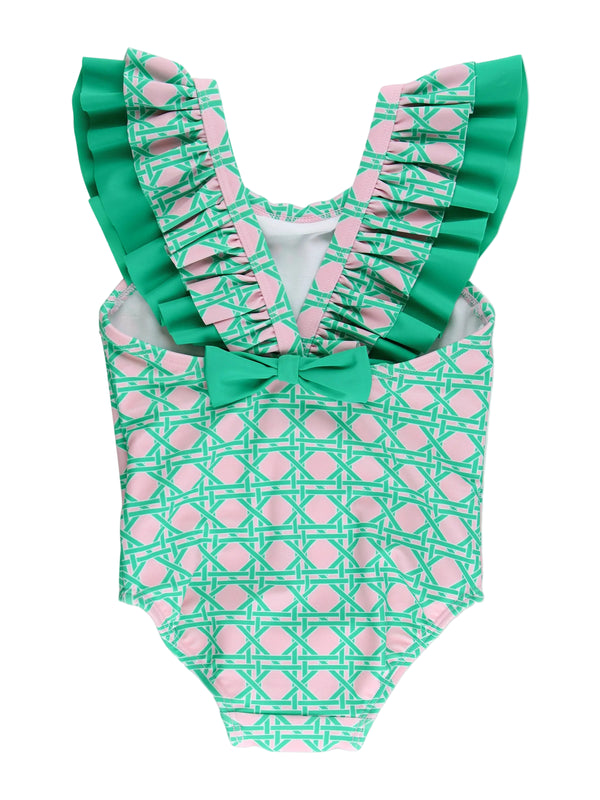 Bow V-Back One Piece Swimsuit- Pink Coastal Cane