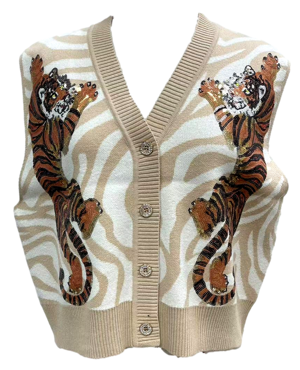Tiger On Tiger Print Knit Vest- Ivory