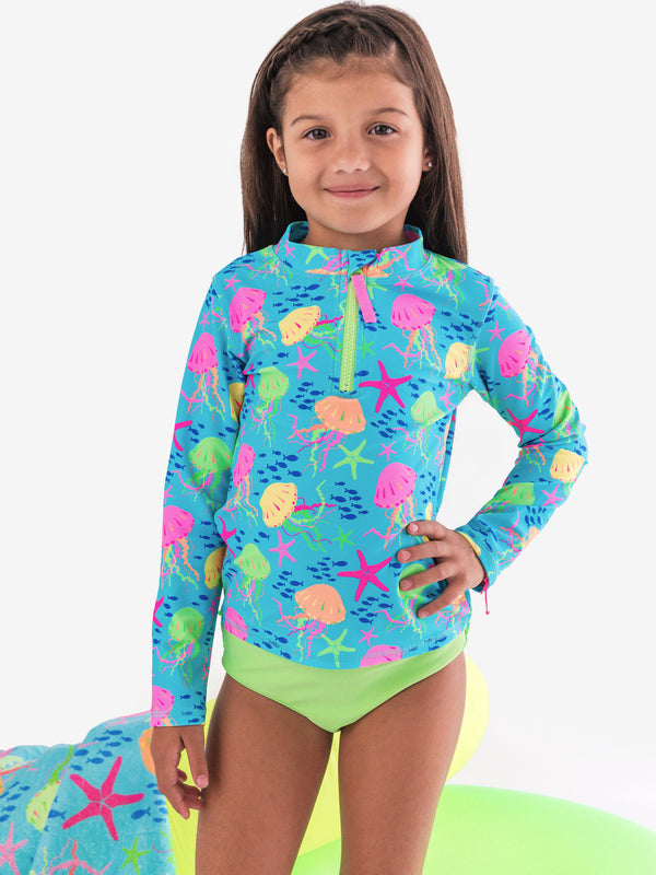 Zipper Rash Guard 2-Piece Swimsuit- Neon Jelly Time