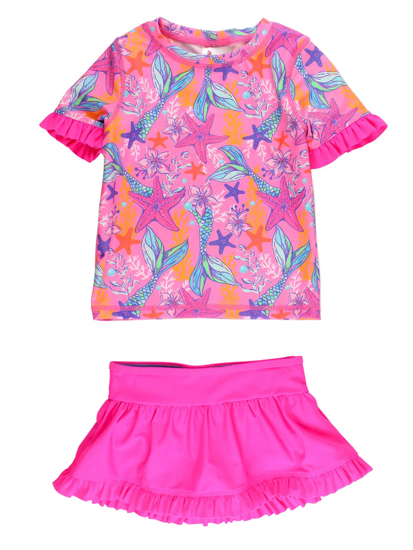 Ruffle Rash Guard Skirted 2-Piece Swimsuit- Neon Shimmer Mermaid
