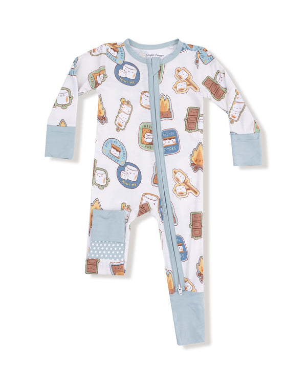 Smores 2 Way Zipper Romper- Ivory/Gray Blue