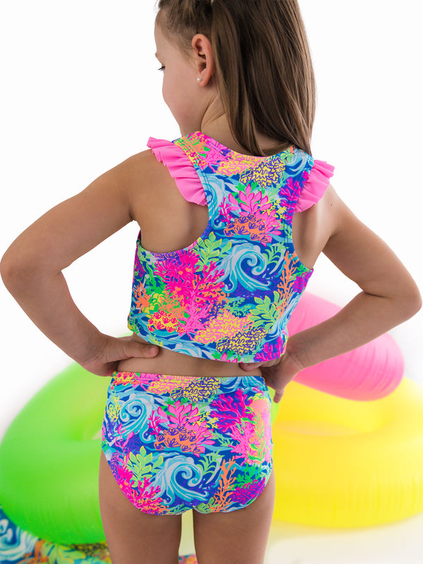 Racerback Flutter Tankini 2-Piece Swimsuit- Neon Ocean Coral