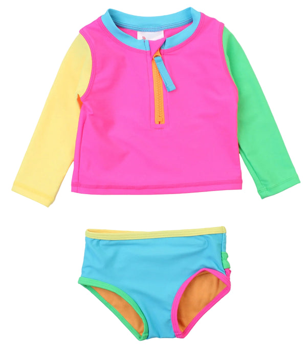 Zipper Rash Guard 2-Piece Swimsuit- Neon Color Block