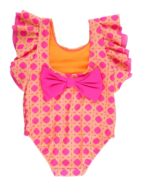 Butterfly Sleeve One Piece Swimsuit- Neon Sherbet Cane