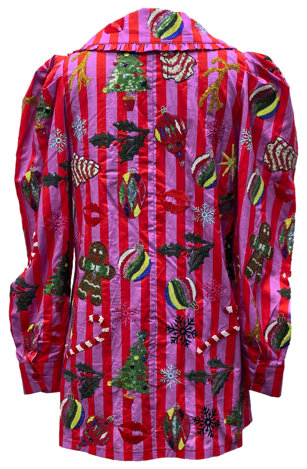 Pink & Red Stripe Christmas Icon Collar Dress- (Women's)