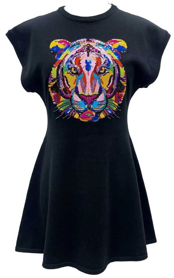 Black Knit Dress W/ Rainbow Tiger Head (Women's)