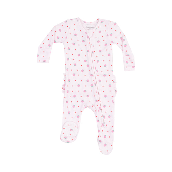 Strawberry Swiss Dot 2 Way Zipper Ruffle Footie- Pink