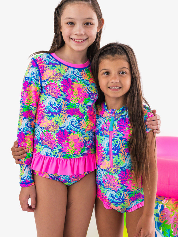 Rash Guard One Piece Swimsuit- Neon Ocean Coral