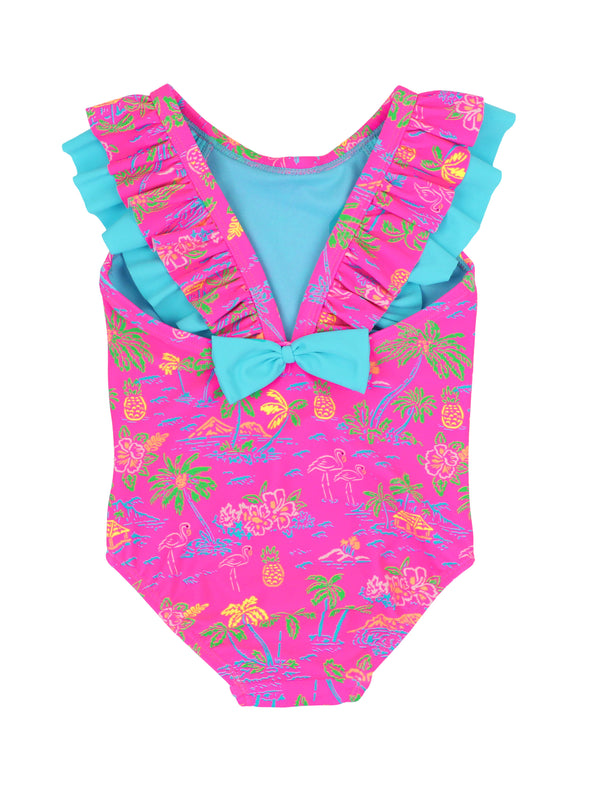 Bow V-Back One Piece Swimsuit- Neon Island Time