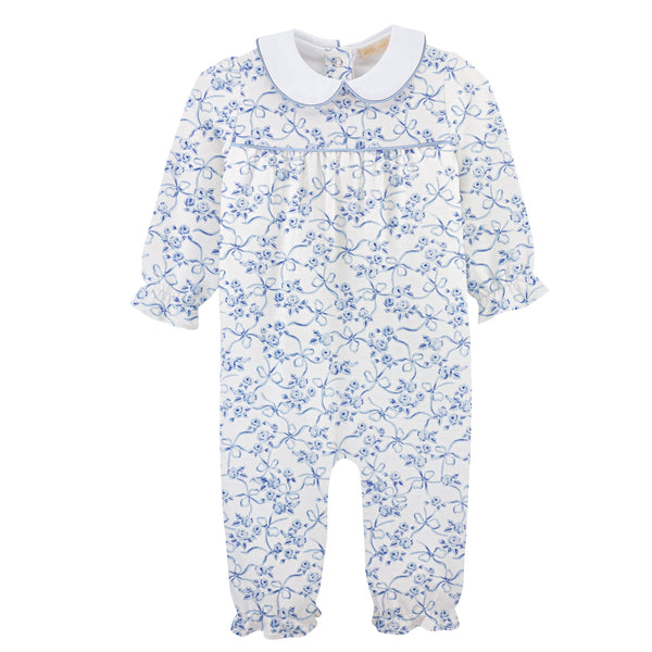 Blue Romantic Toile Playsuit With Round Collar