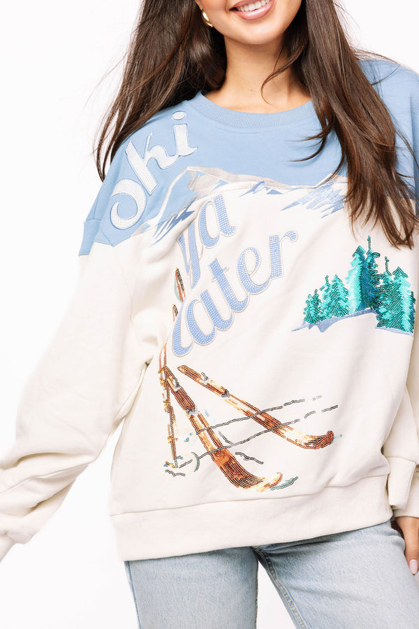 Blue & White 'ski Ya Later' Sweatshirt- (Women's)